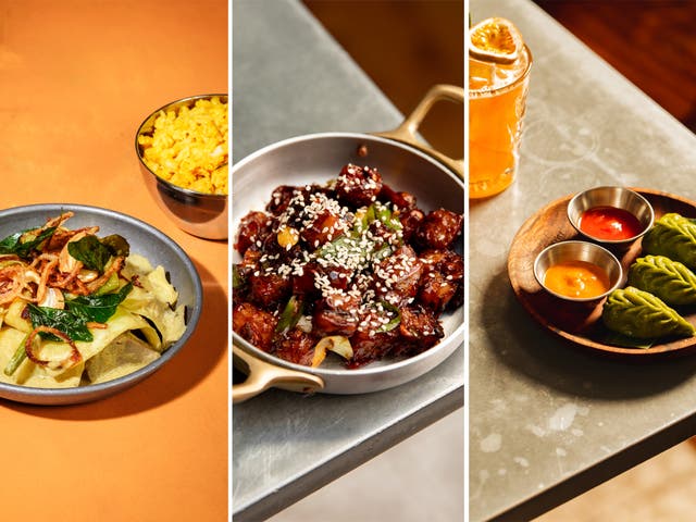 <p>Jackfruit curry; sticky sesame vegetables; mixed vegetable momos </p>