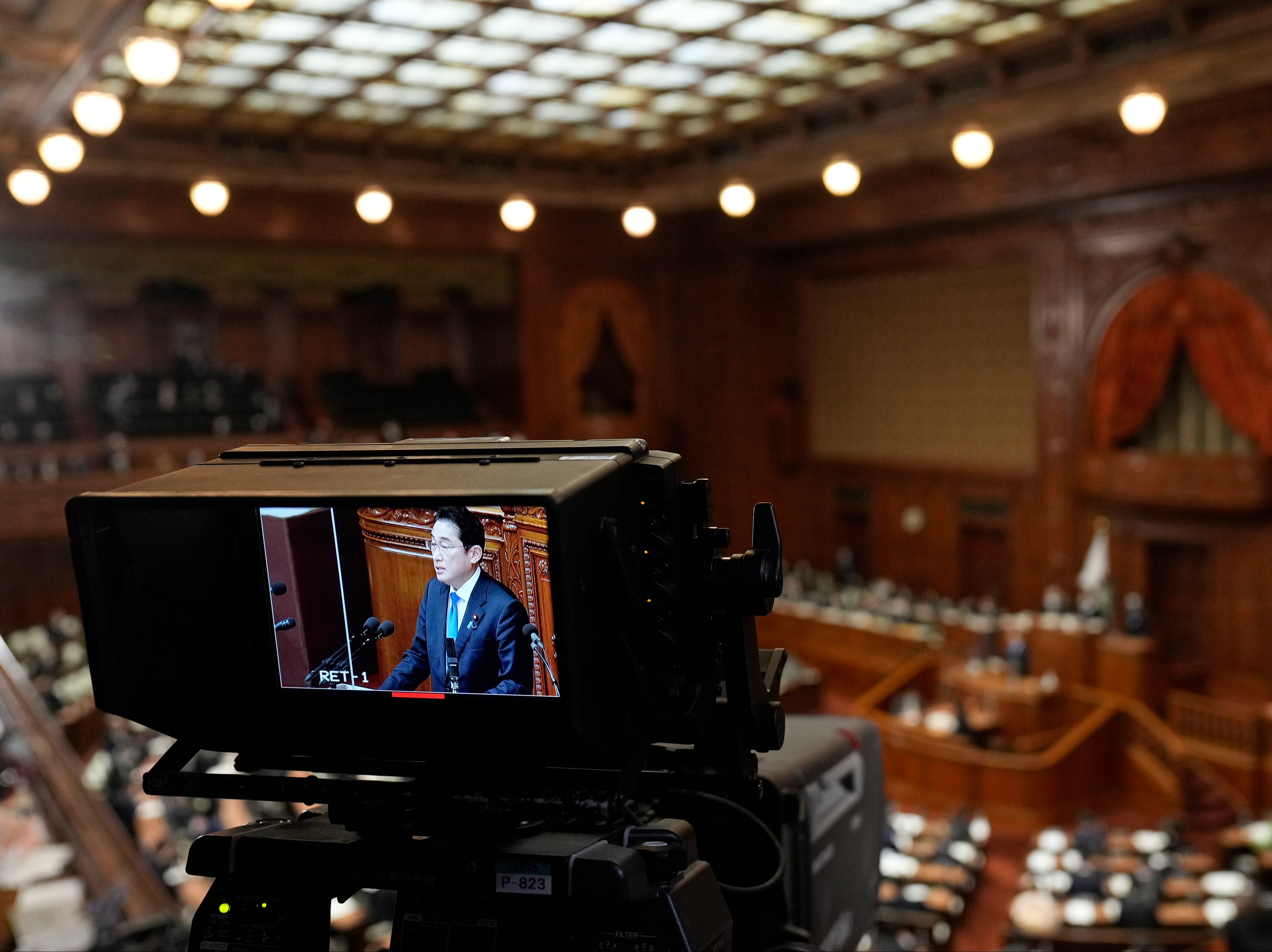 Fumio Kishida delivers his speech about birth rates to Japan’s lower parliament on Monday