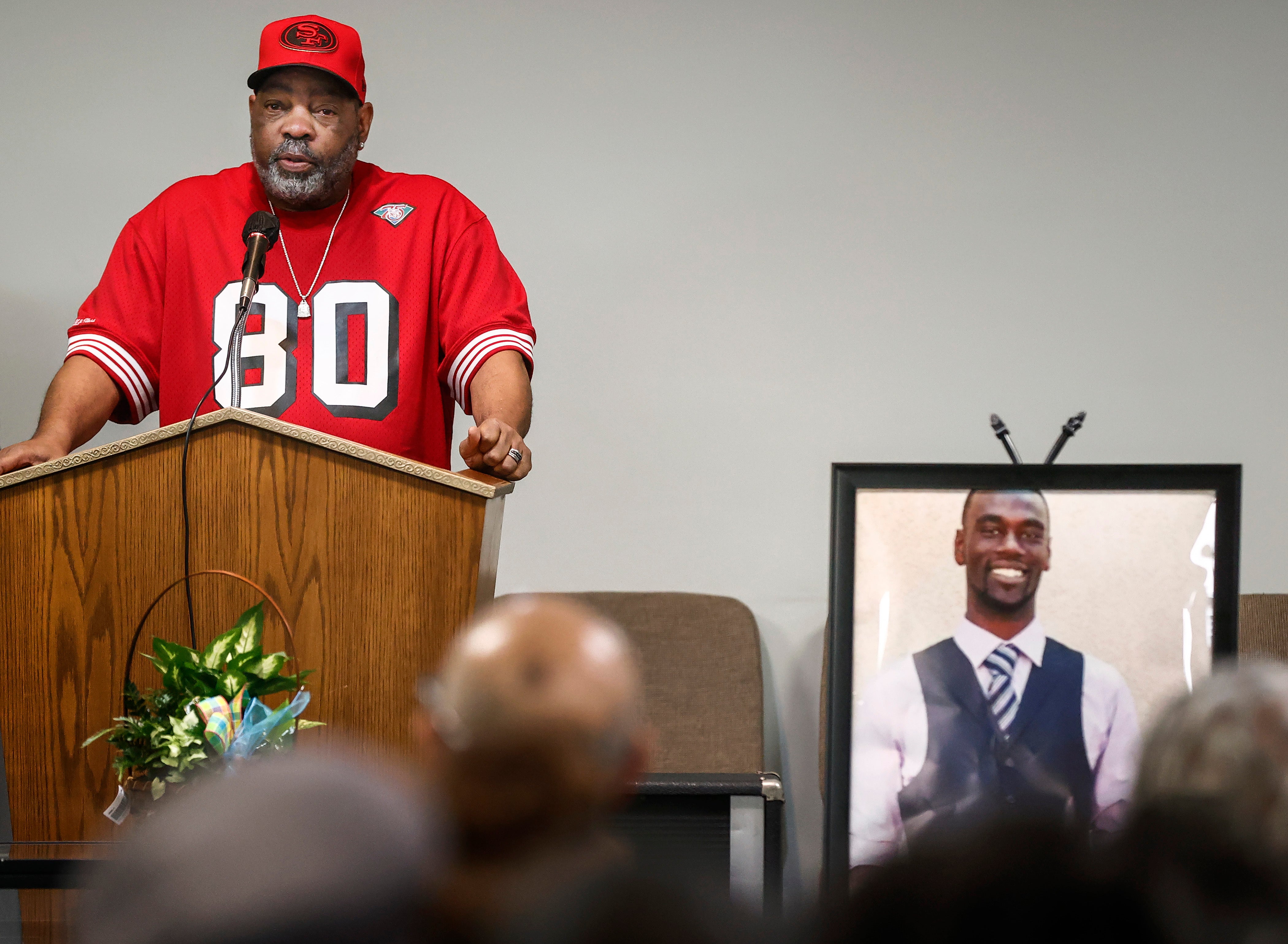 Rodney Wells speaks during a memorial service for his son on 17 January