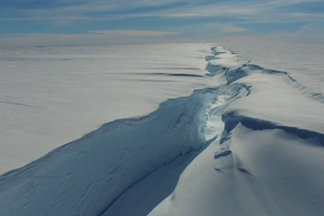 <p>A crack in the ice shelf, Chasm-1, extended leading to a new iceberg breaking off on Sunday from the Brunt Ice Shelf in Antarctica </p>