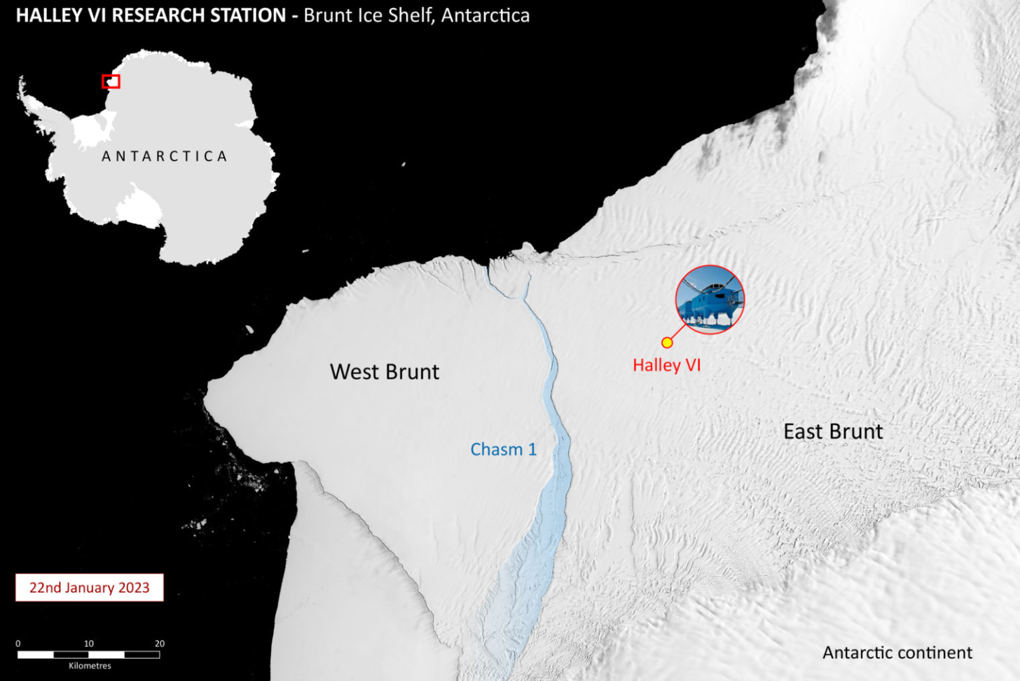 A map shows the location of Chasm 1 on the Brunt Ice Shelf