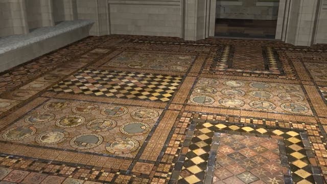 <p>Medieval jigsaw: Art historians have pieced together hundreds of tile fragments to produce this digital reconstruction of the long-lost mosaic pavement</p>