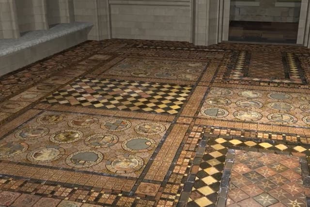 <p>Medieval jigsaw: Art historians have pieced together hundreds of tile fragments to produce this digital reconstruction of the long-lost mosaic pavement</p>
