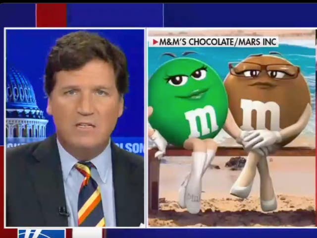 <p>Tucker Carlson upset over cartoon M&M’s during his Fox News show</p>