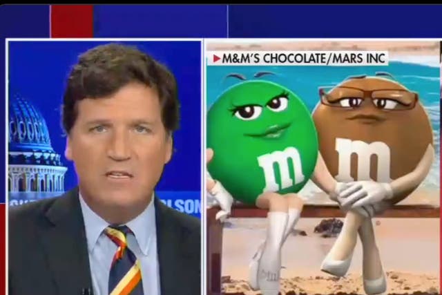 <p>Tucker Carlson upset over cartoon M&M’s during his Fox News show</p>