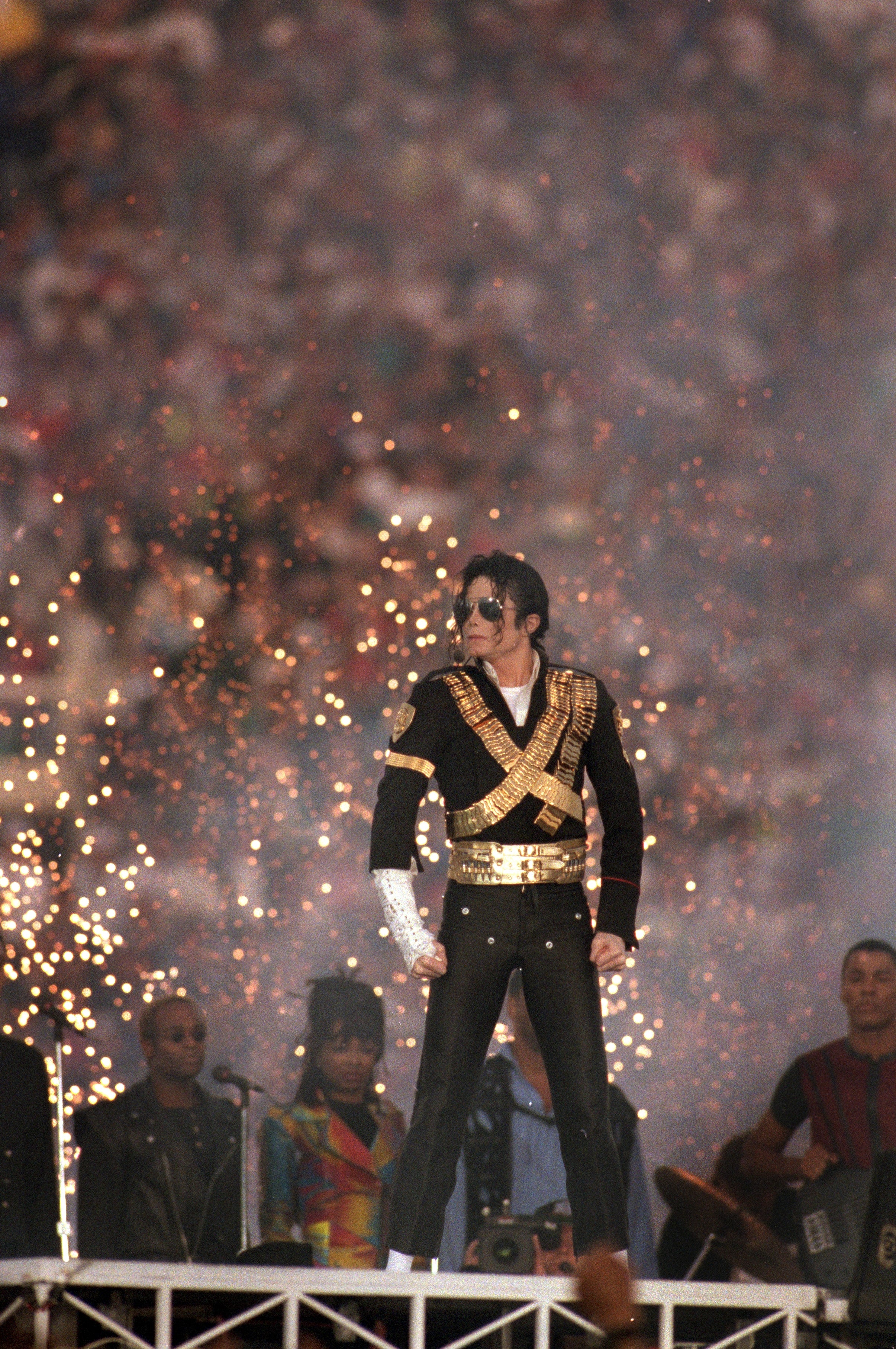 Michael Jackson wears a military-style jacket at the 1993 Super Bowl