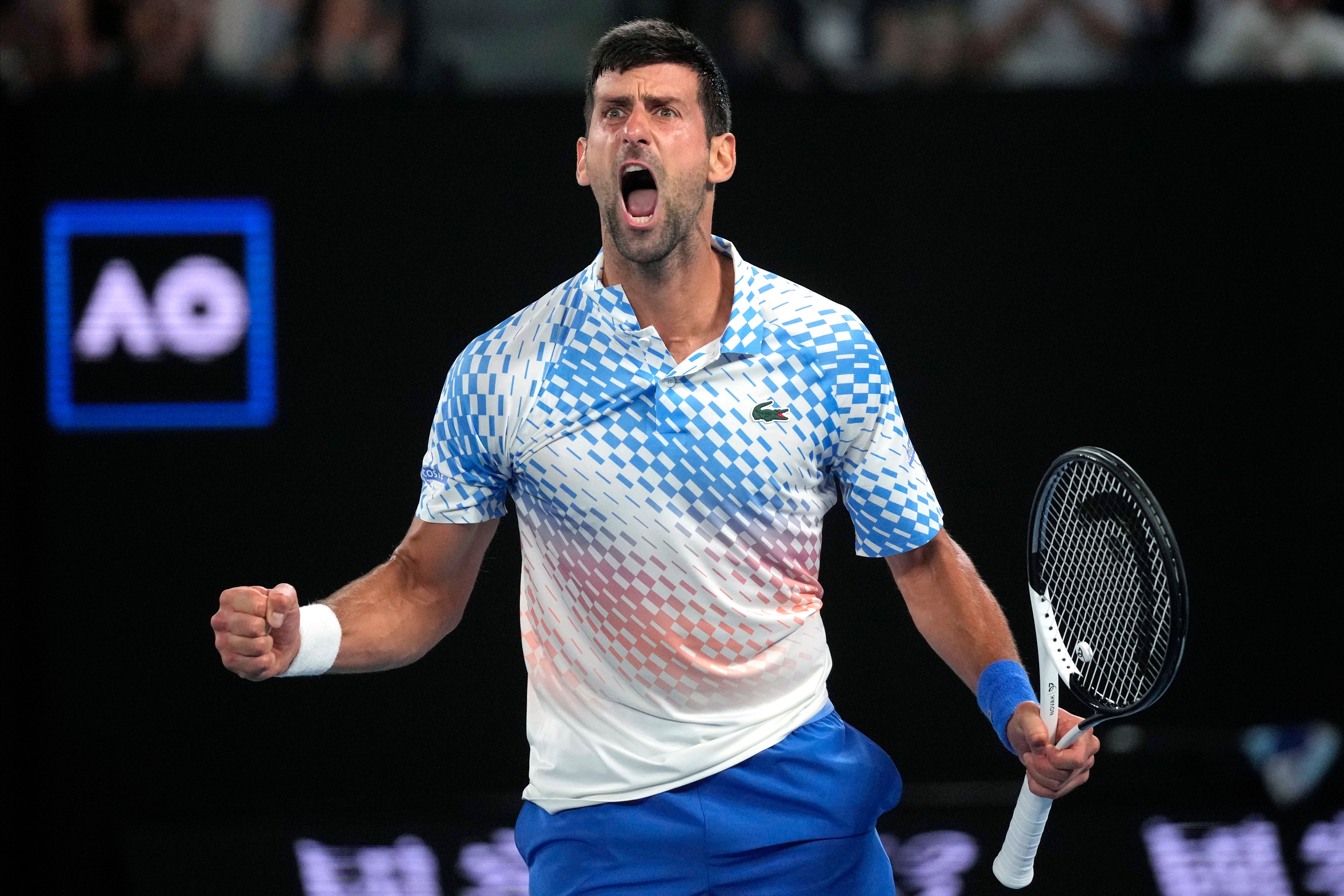Novak Djokovic celebrates during his win over Andrey Rublev