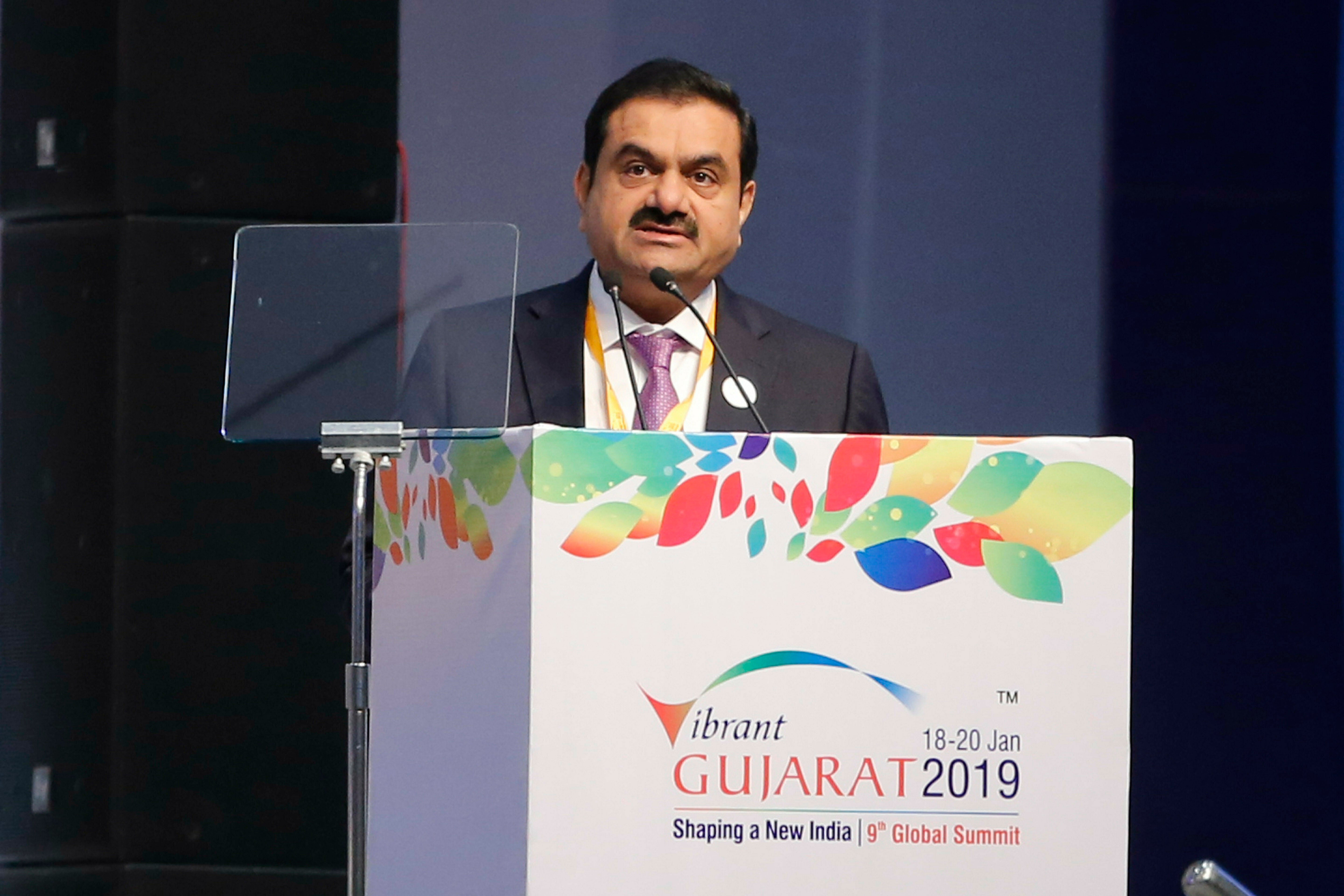 FILE- Adani group Chairman Gautam Adani speaks during the inauguration of the 9th Vibrant Gujarat Global Summit in Gandhinagar, India, 18 January 2019