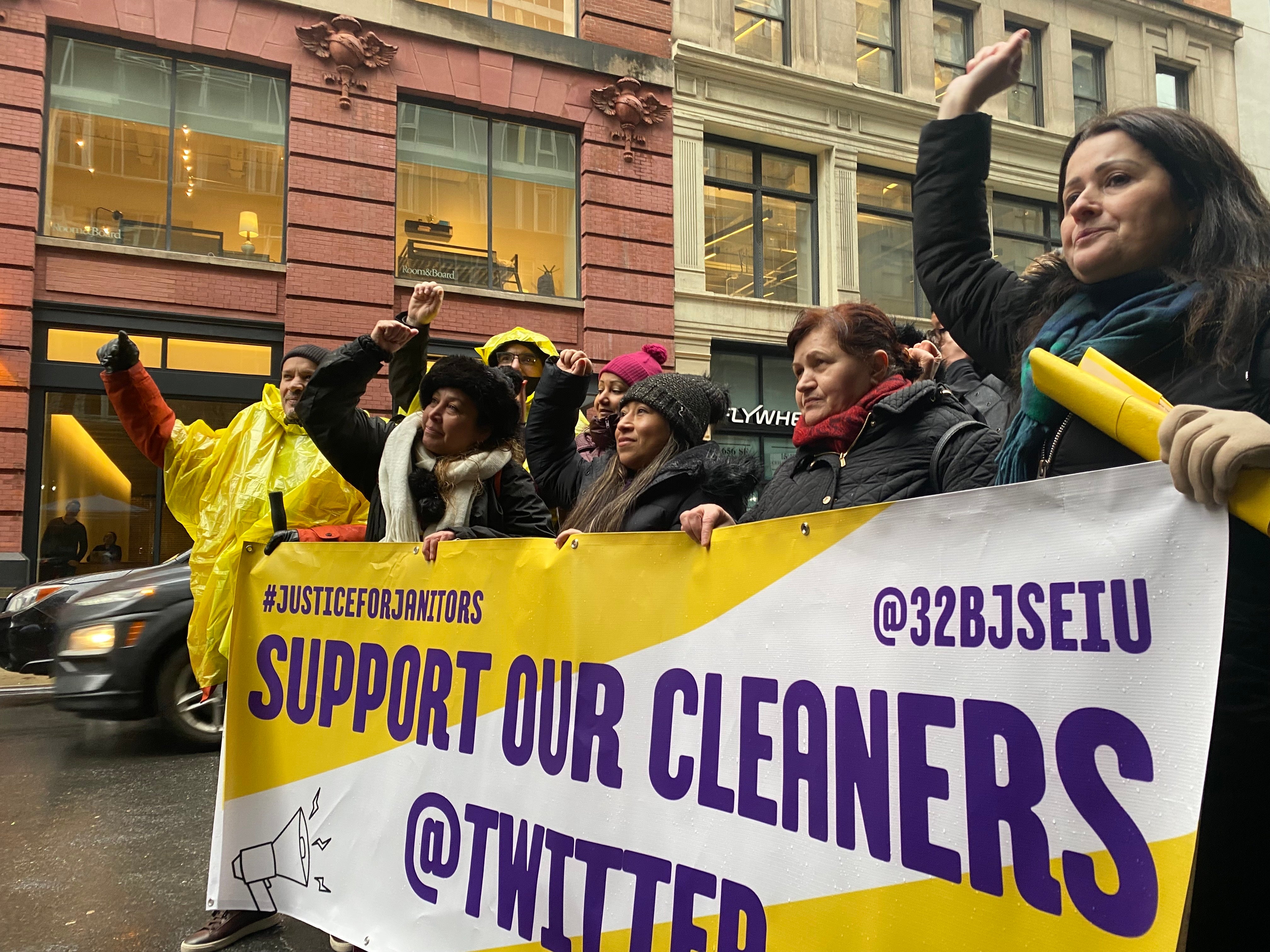 <p>Laid-off cleaning staff and their supporters rally with their union outside Twitter’s New York City office on 25 January after they were abruptly fired on 19 December, 2022.</p>
