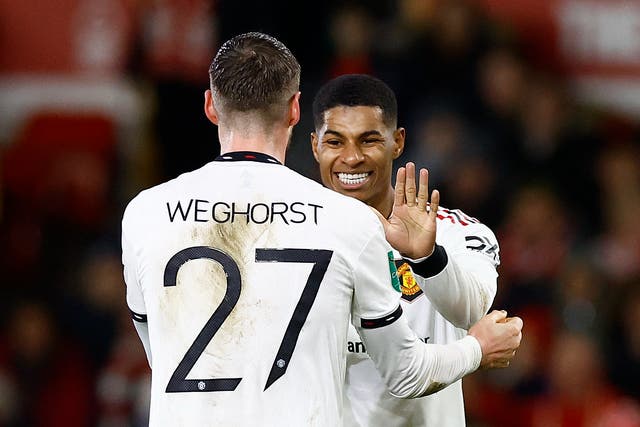 <p>Marcus Rashford and Wout Weghorst scored Man Utd’s first two goals at the City Ground </p>