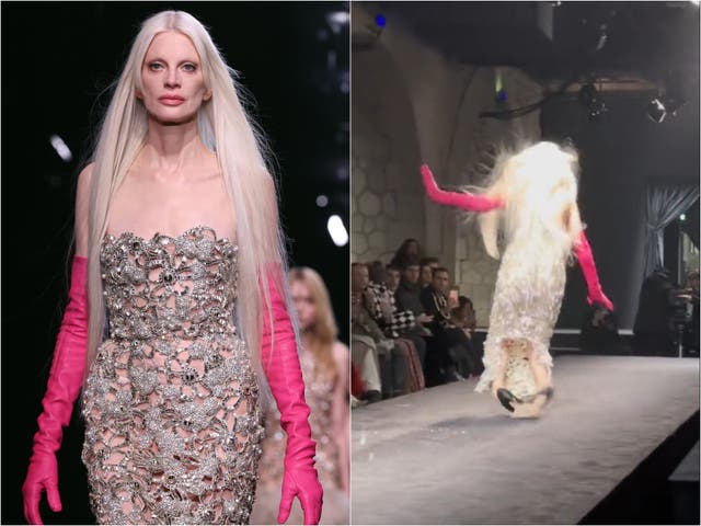 <p>Model Kristen McNemany fell while walking down the runway at Valentino’s haute couture show at Paris Fashion Week</p>