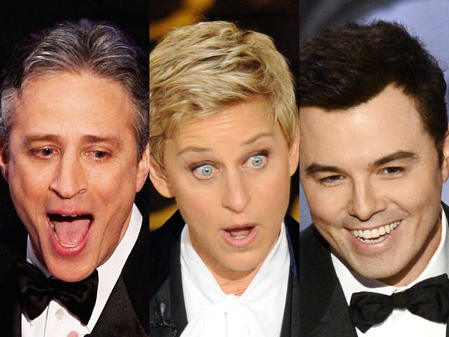 <p>Jon Stewart, Ellen DeGeneres, and Seth Macfarlane</p>