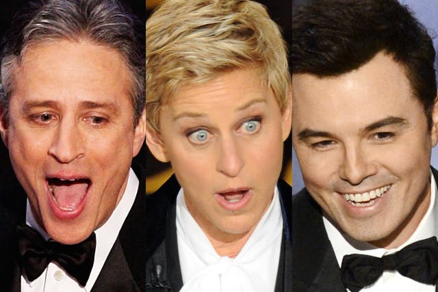 <p>Jon Stewart, Ellen DeGeneres, and Seth Macfarlane</p>