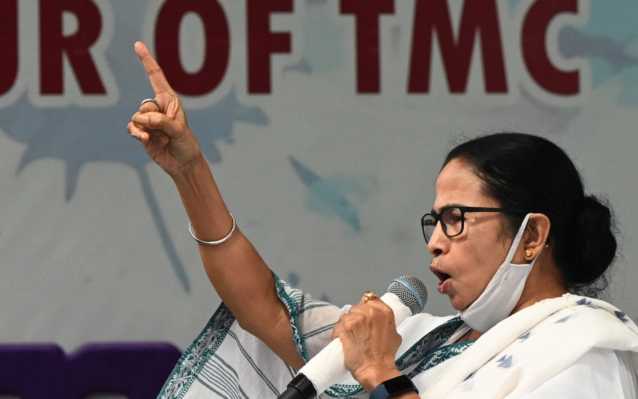 Mamata Banerjee, the chief minister of West Bengal, speaks during a public meeting in Kolkata