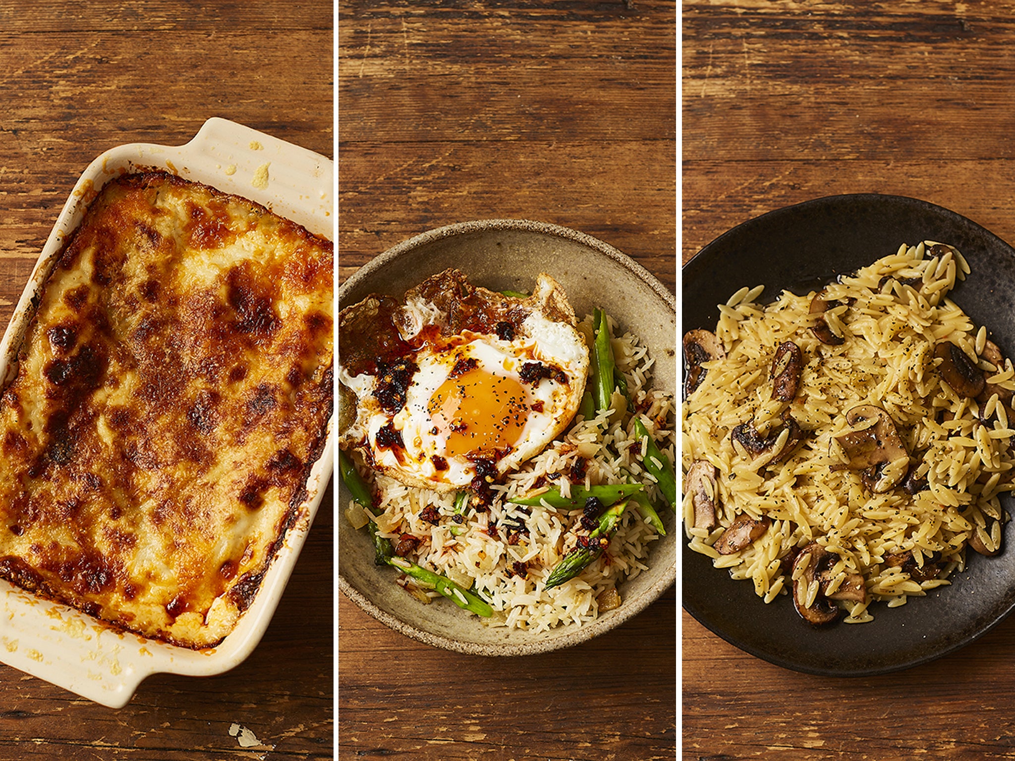 Legendary lasagne; asparagus fried rice with crispy chilli and egg; Miguel’s mushroom orzo