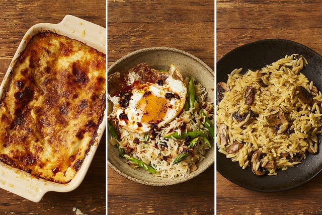 <p>Legendary lasagne; asparagus fried rice with crispy chilli and egg; Miguel’s mushroom orzo</p>