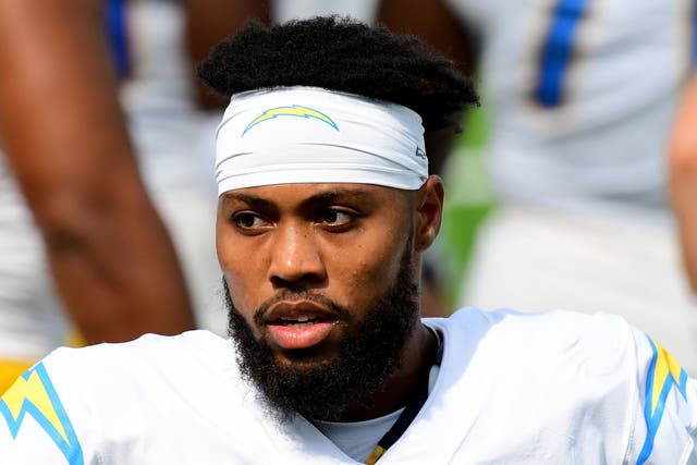 <p>Jessie Lemonier #90 of the Los Angeles Chargers on the sidelines during a 21-16 Carolina Panthers win at SoFi Stadium on September 27, 2020 in Inglewood, California</p>