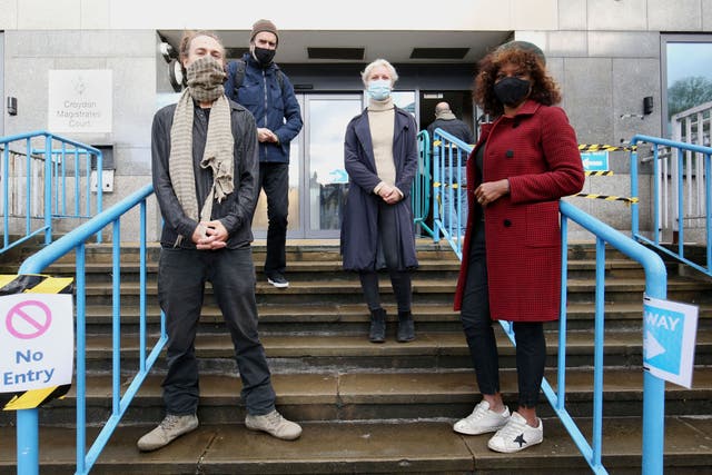 Climate activists (left to right) Ryan Simmons, Roger Hallam, Holly Brentnall, and Valerie Brown deny conspiracy to damage property (Jonathan Brady/PA)