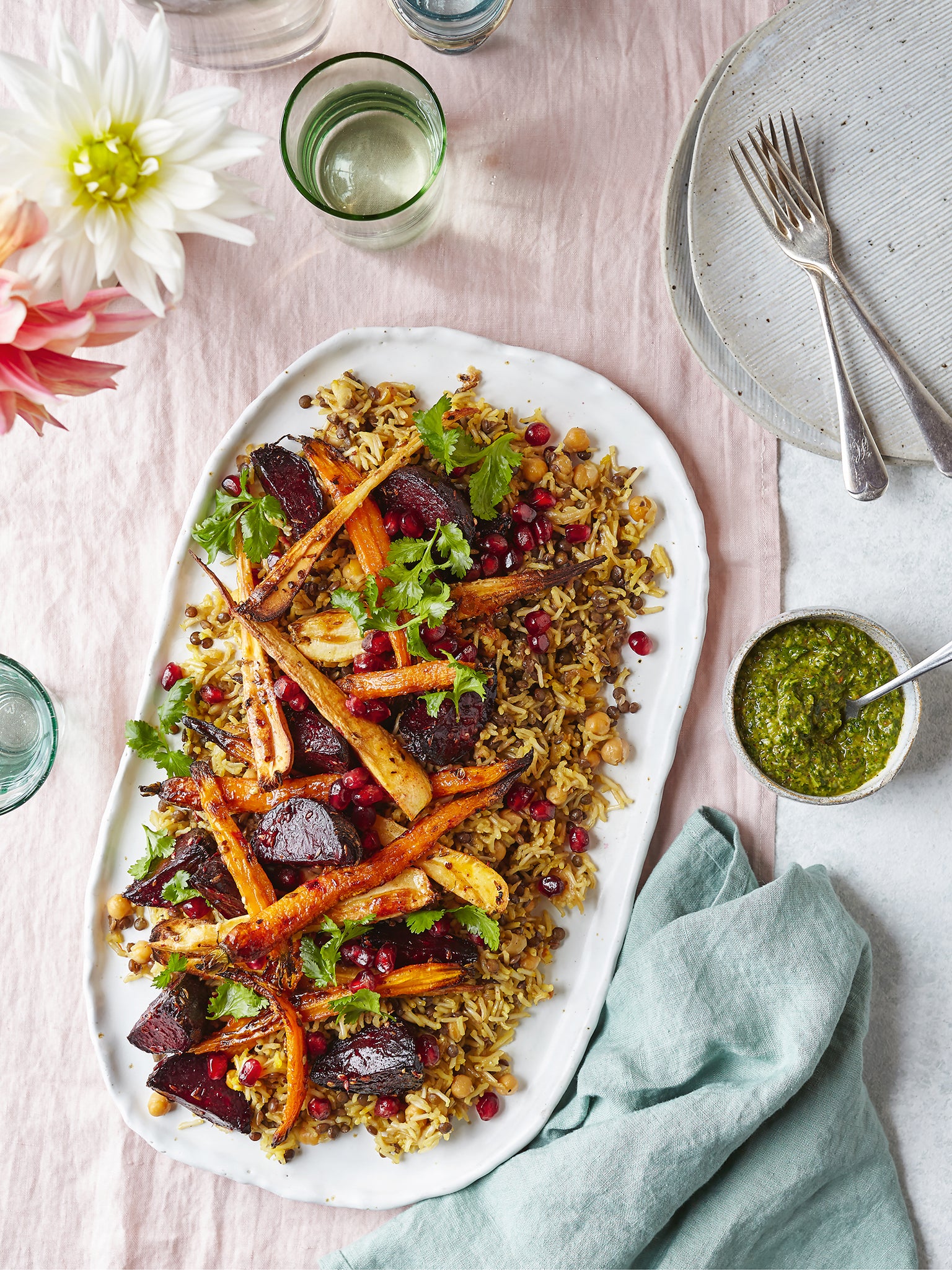 With parsnips, carrots and beetroot, this Middle Eastern-inspired vegan dish is a brilliant winter warmer