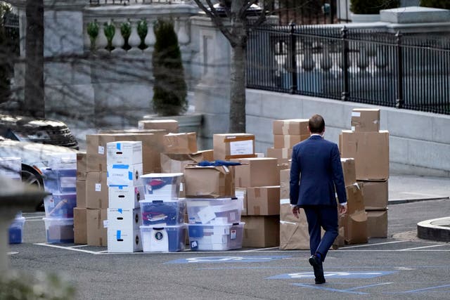 <p>A man walks past boxes that were moved out of the Eisenhower Executive Office building, just outside the West Wing, inside the White House complex, Jan. 14, 2021, in Washington. At least three presidents. A vice president, a secretary of state, an attorney general. The mishandling of classified documents is not a problem unique to President Joe Biden and former President Donald Trump.(AP Photo/Gerald Herbert, File)</p>