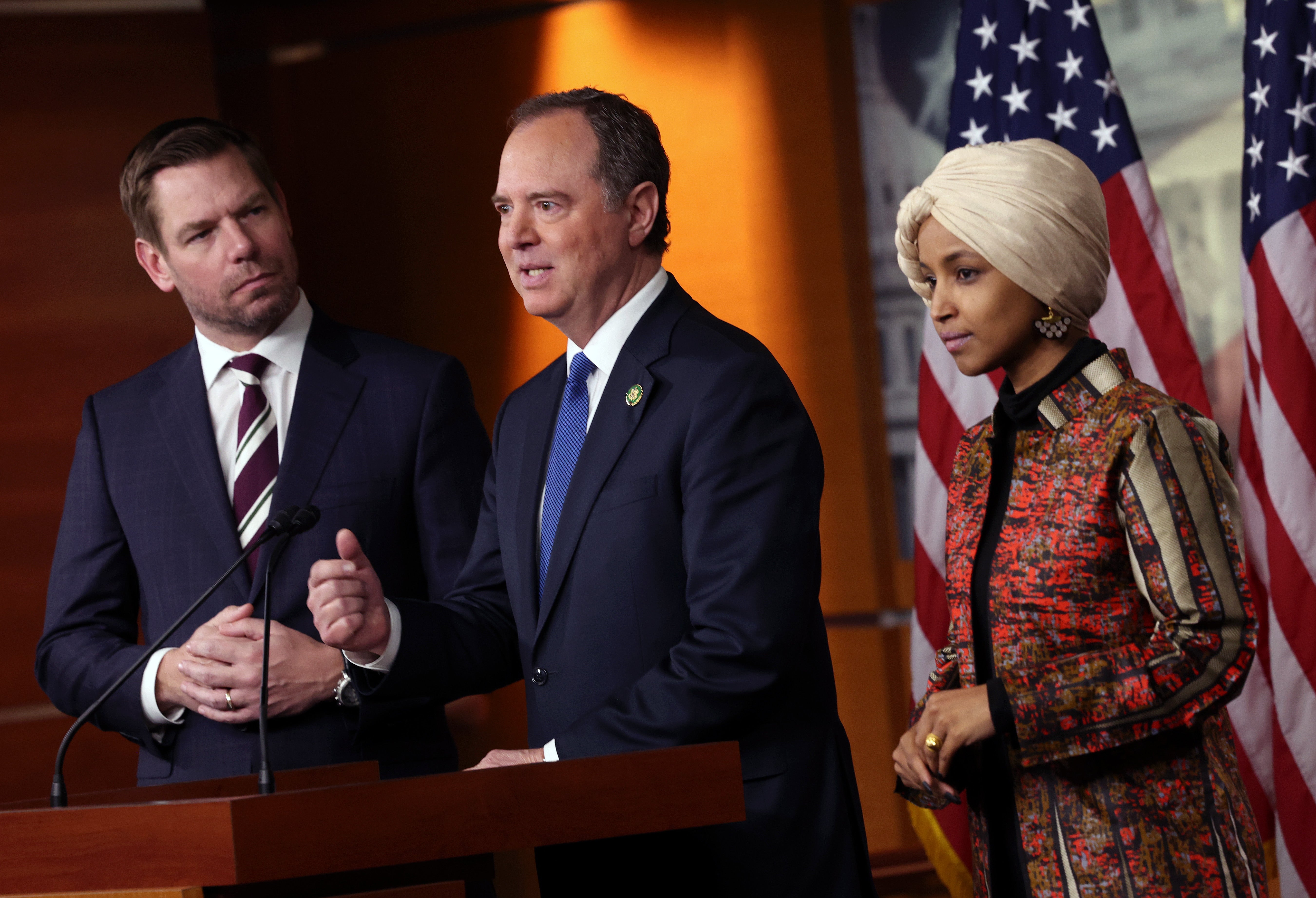 Rep. Adam Schiff (D-CA) (C), joined by Rep. Eric Swalwell (D-CA) and Rep. Ilhan Omar (D-MN), speaks at a press conference on committee assignments for the 118th U.S. Congress, at the U.S. Capitol Building on January 25, 2023 in Washington, DC. House Speaker Kevin McCarthy (R-CA) recently rejected the reappointments of Rep. Adam Schiff (D-CA) and Rep. Eric Swalwell (D-CA) to the House Intelligence Committee and has threatened to stop Rep. Ilhan Omar (D-MN) from serving on the House Foreign Affairs Committee. (Photo by Kevin Dietsch/Getty Images)