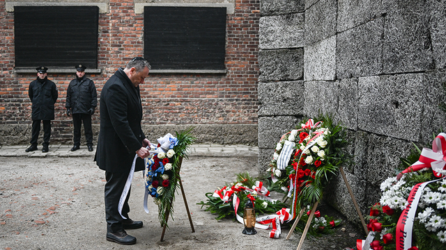 <p>US Second Gentleman, Douglas Emhoff, lays wreaths honoring victims of the Nazi regime by the death wall during the Holocaust Remembrance Day at the former Auschwitz I site on January 27, 2023 in Oswiecim, Poland. </p>