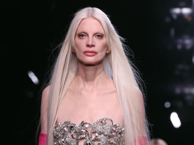 <p>Kristen McMenamy walks the Valentino runway</p>