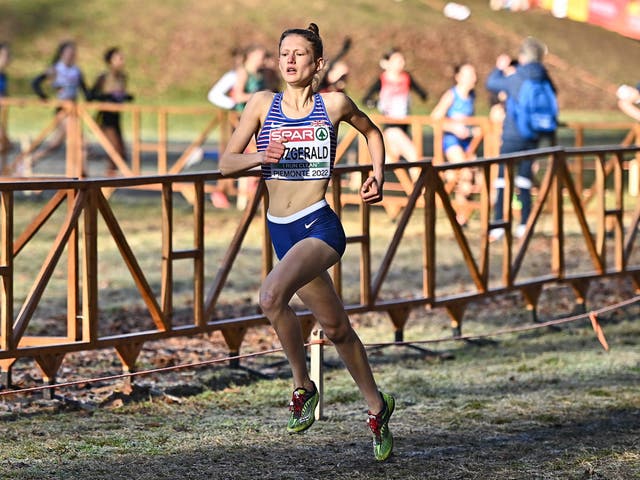 <p>Innes Fitzgerald competing in the U20 women’s 4,000m in Turin, Italy</p>