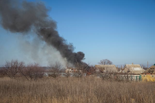 <p>A house burns after a Russian military strike near Vuhledar, Ukraine on Friday</p>