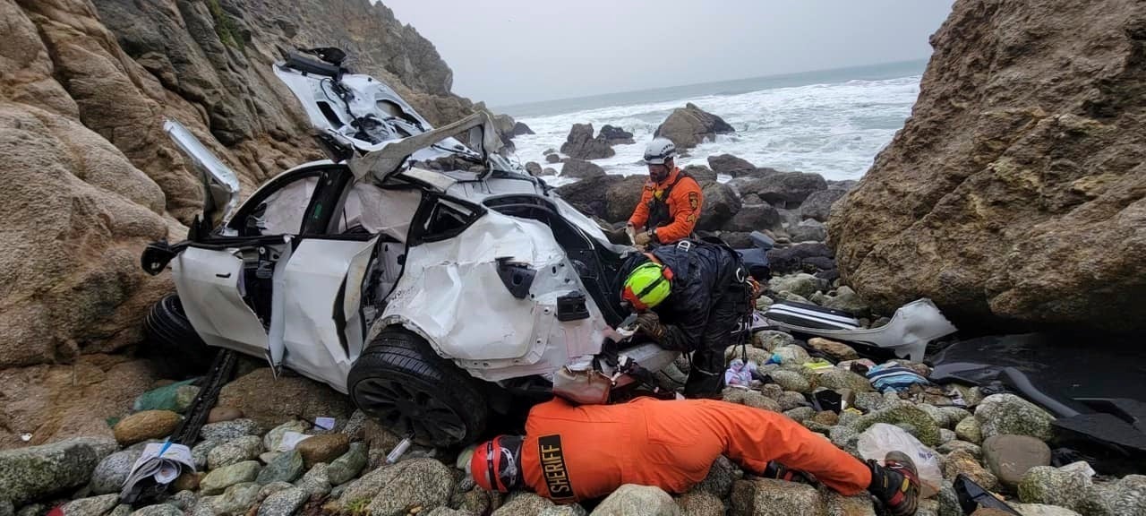 The Patel family’s Tesla pictured after crashing down a California cliff on 2 January 2023. Mr Patel and his family “miraculously” survived after the crash