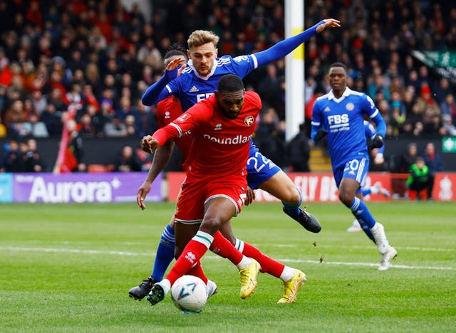 <p>Leicester City's Kiernan Dewsbury-Hall in action with Walsall's Hayden White</p>