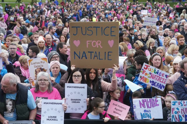 People at a vigil at Lurgan Park in Lurgan, Co Armagh in memory of murder victim Natalie McNally and opposing violence against women (Brian Lawless/PA)