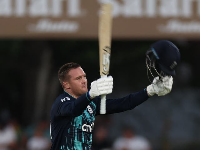 <p>England’s Jason Roy celebrates reaching his century against South Africa</p>