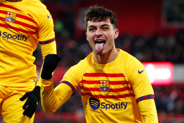 Pedri celebrates after scoring Barcelona’s winner against Girona (Joan Monfort/AP).
