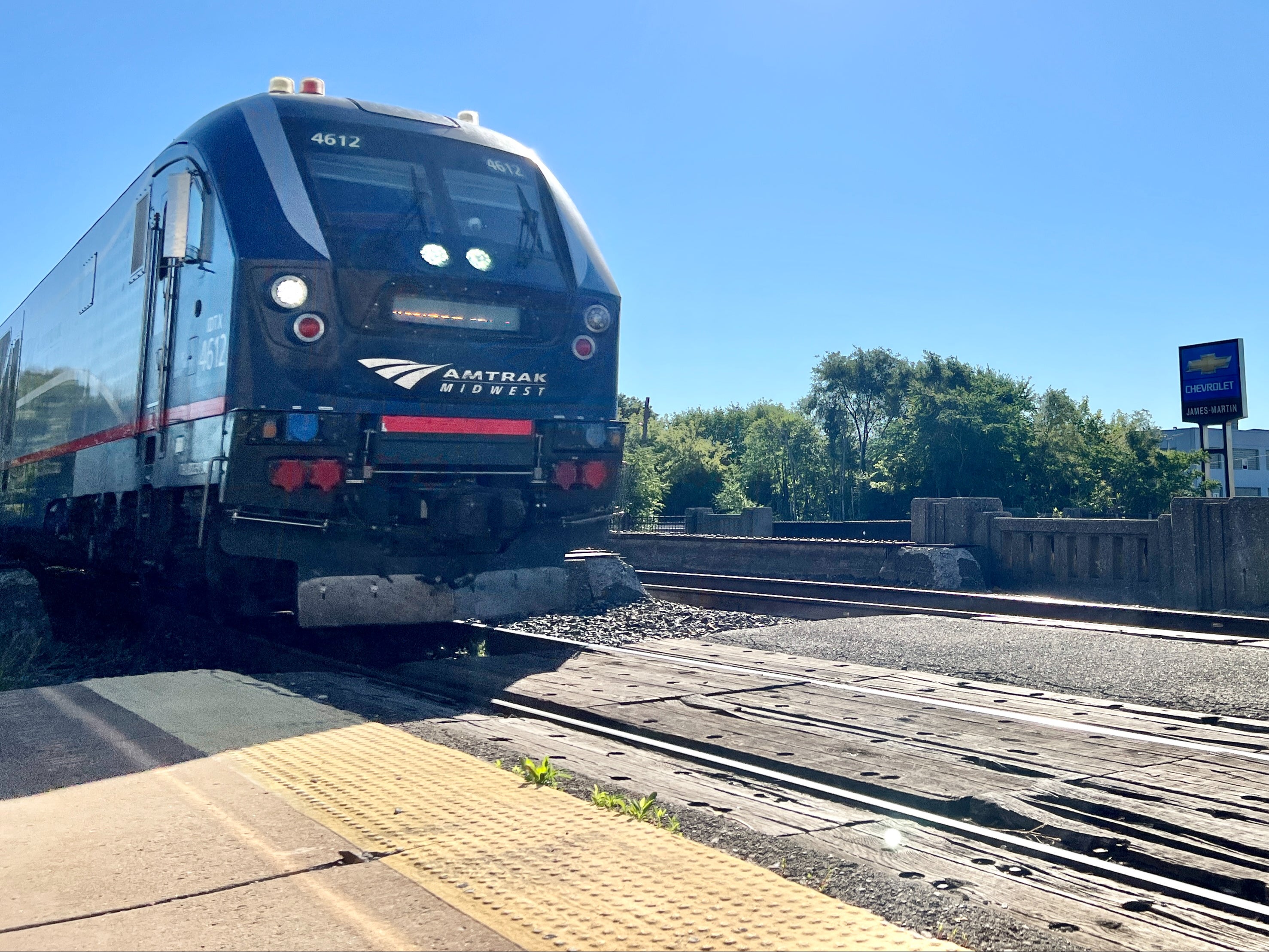 Dismal express: an Amtrak train for Chicago at Detroit station, miles from downtown