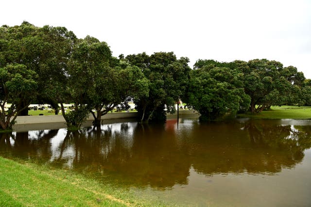 <p>Flooding, as seen around the Okahu Bay Cemetery on Sunday in Auckland, New Zealand</p>