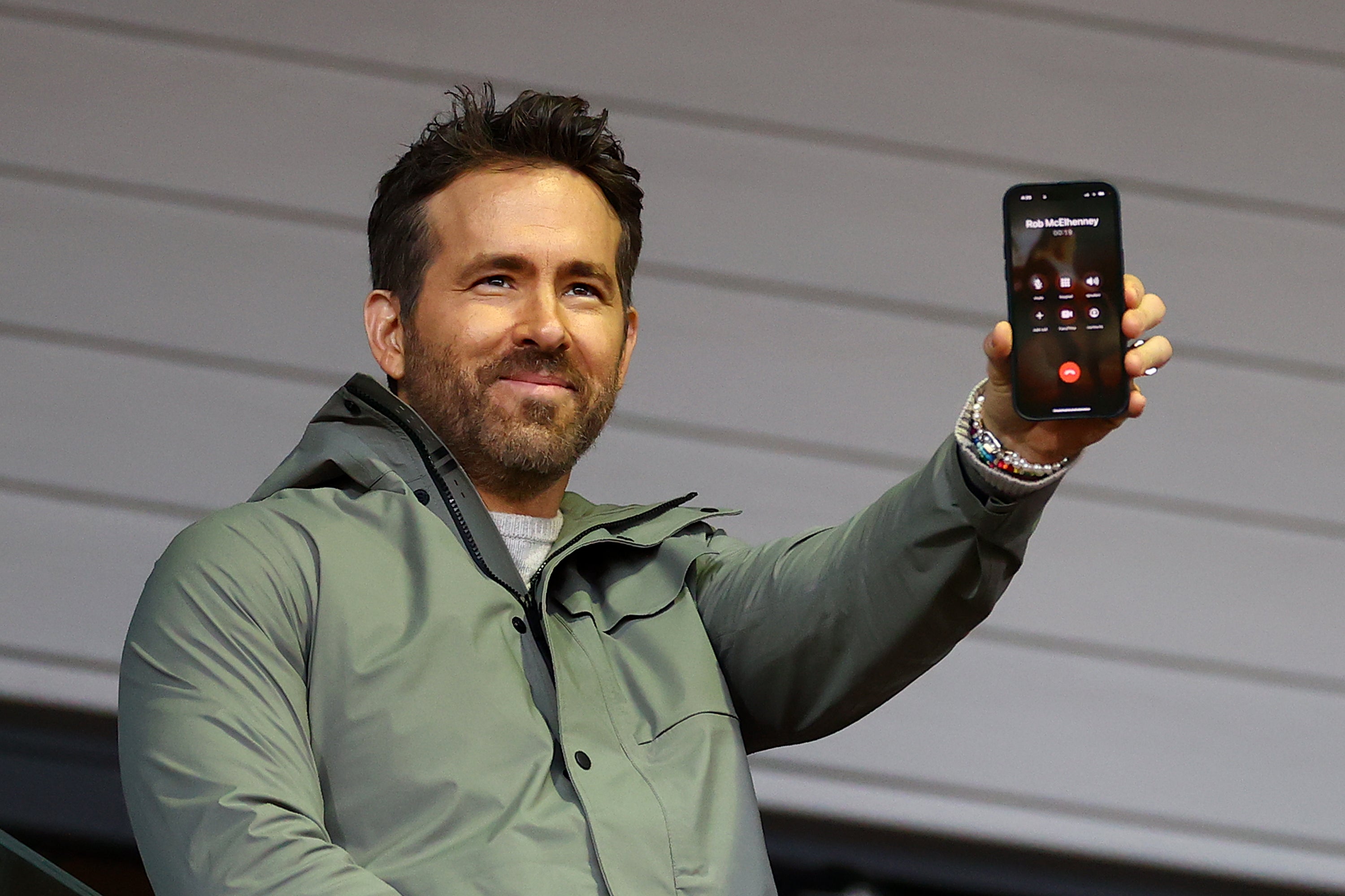 Ryan Reynolds speaks to Rob McElhenney, fellow co-owner of Wrexham on the phone