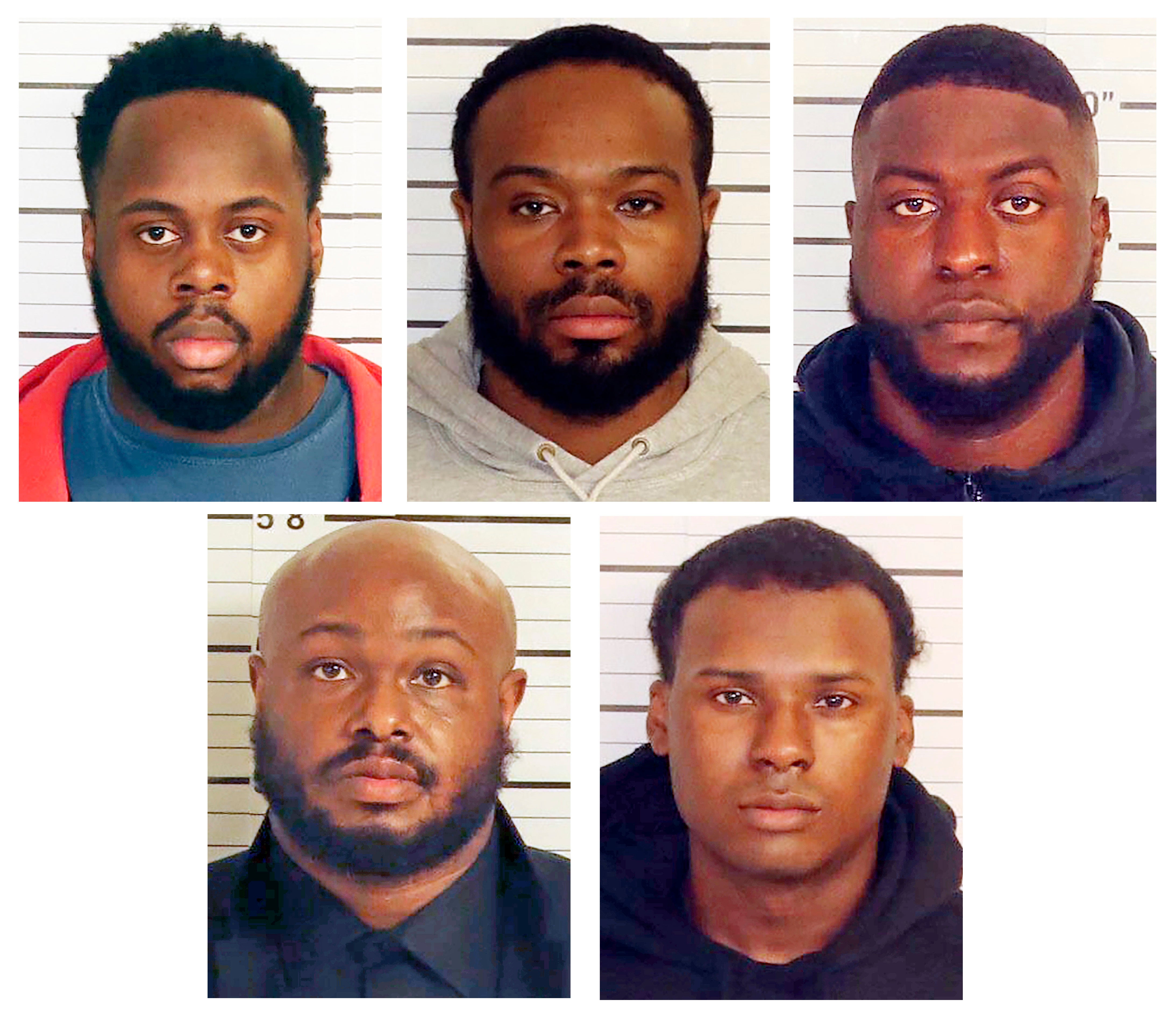 This combo of booking images provided by the Shelby County Sheriff's Office shows, from top row from left, Tadarrius Bean, Demetrius Haley, Emmitt Martin III, bottom row from left, Desmond Mills, Jr. and Justin Smith