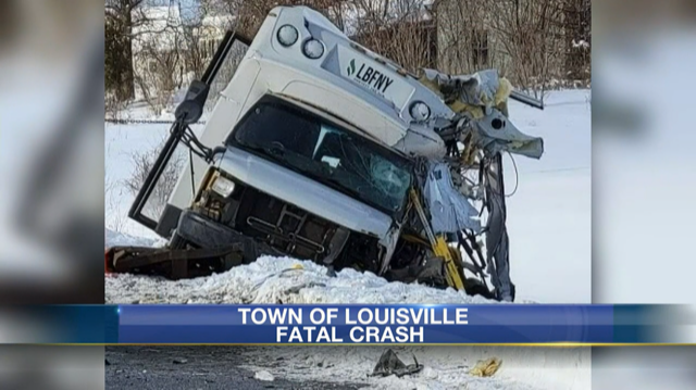 <p>An express bus and truck collided Saturday morning near Louisville in upstate New York, leaving six people dead and three seriously injured</p>