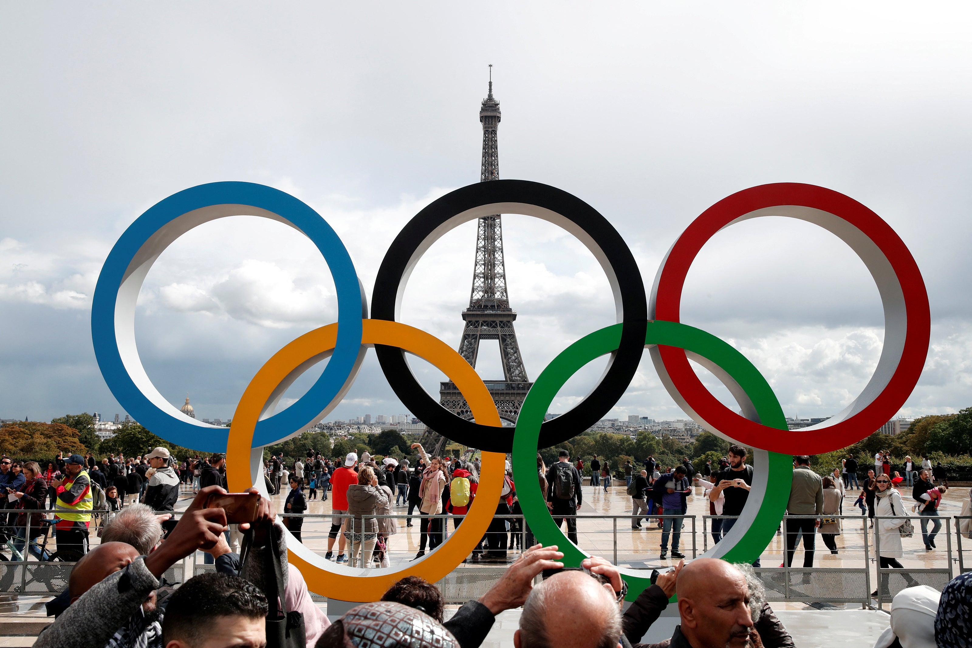 <p>File Olympic rings to celebrate the IOC official announcement that Paris won the 2024 Olympic bid are seen in front of the Eiffel Tower at the Trocadero square in Paris</p>