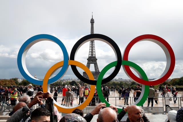 <p>File Olympic rings to celebrate the IOC official announcement that Paris won the 2024 Olympic bid are seen in front of the Eiffel Tower at the Trocadero square in Paris</p>