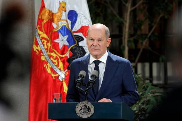 <p>FILE-Germany’s chancellor Olaf Scholz speaks during a joint statement with Chile’s president Gabriel Boric following their meeting at La Moneda presidential palace in Santiago, on 29 January 2023</p>