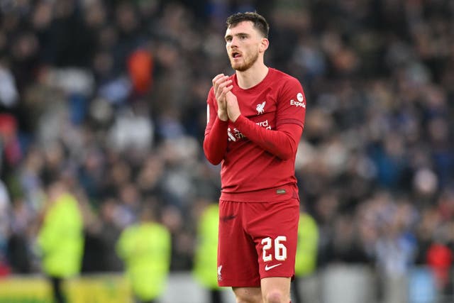 <p>Andrew Robertson reacts to Liverpool’s defeat by Brighton</p>