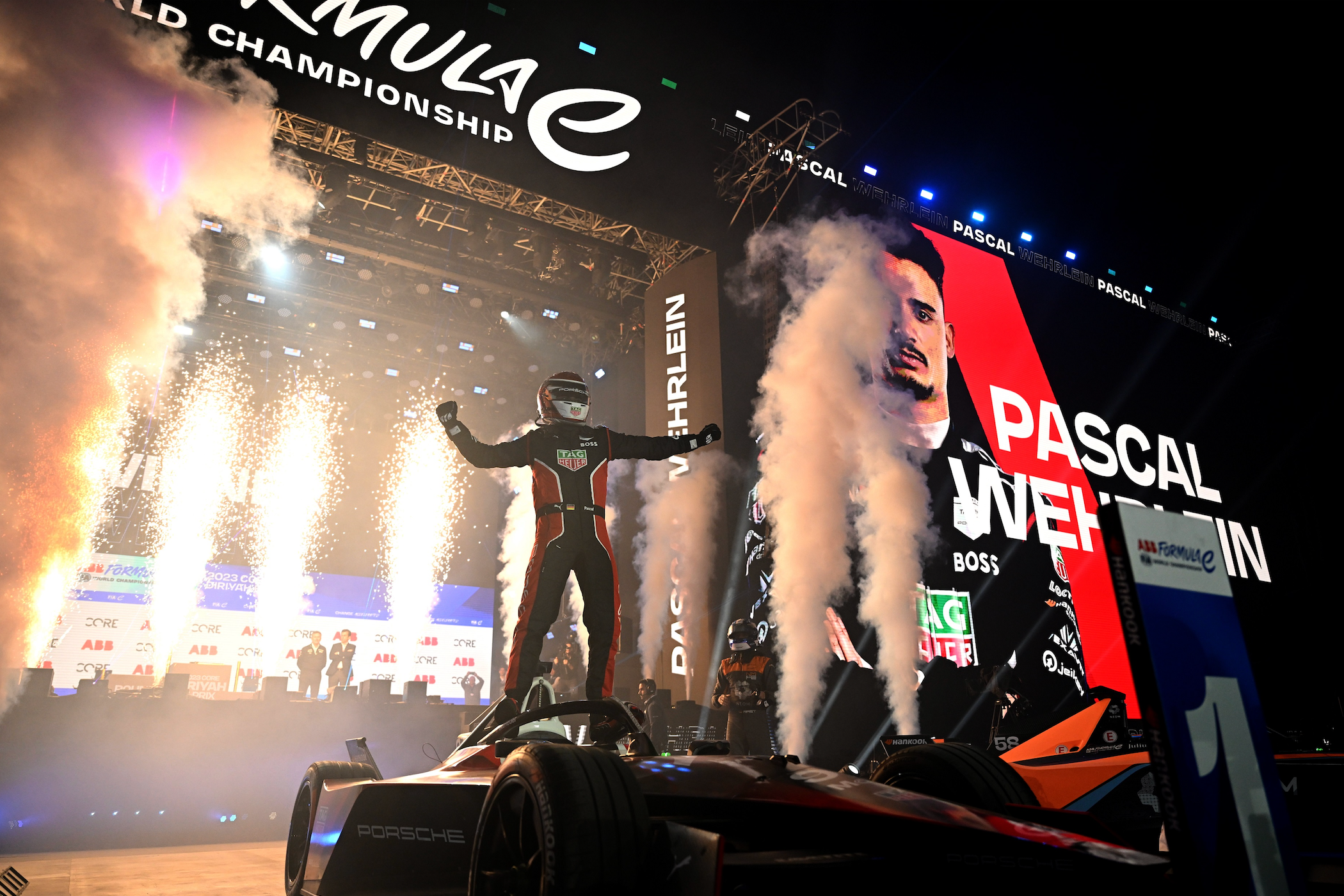 Pascal Wehrlein celebrates his second victory in two days in Diriyah
