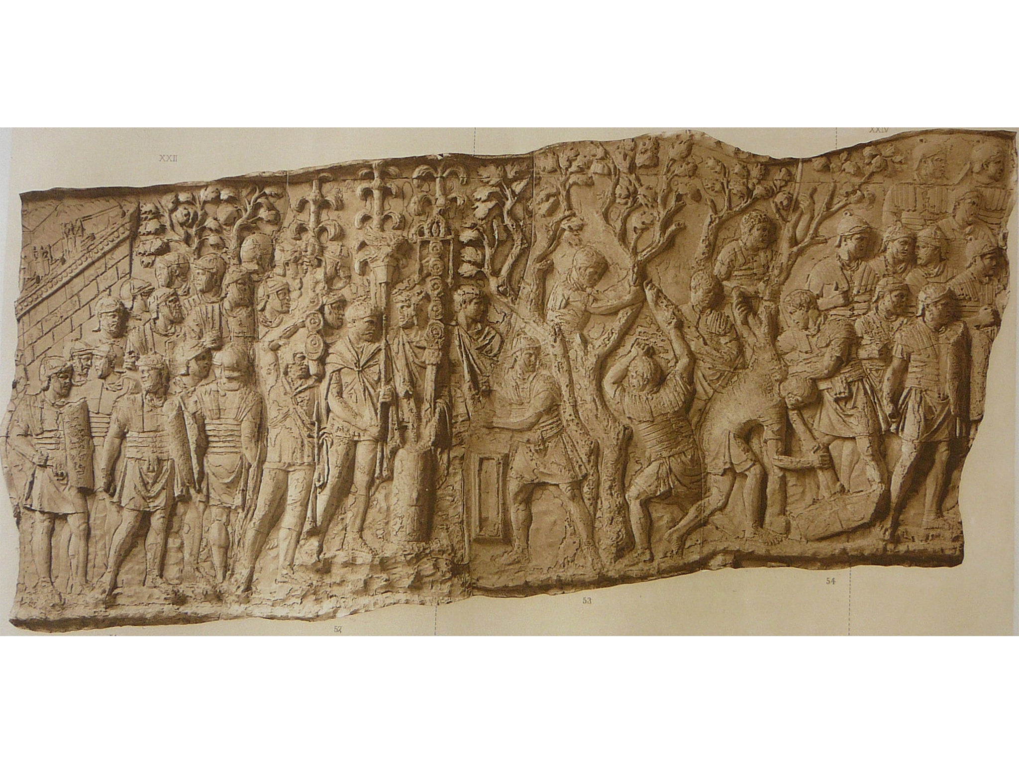 A relief depicting soldiers clearing trees to build a road, from Trajan’s Column. Conrad Cichorius, ‘Die Reliefs der Traianssaule’ (Berlin 1896)