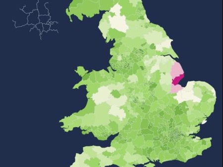Voters were asked: ‘Britain was wrong to leave the European Union’. Dark green areas represent areas where people said ‘strongly agree’ while dark purple represents areas where people strongly disagreed.