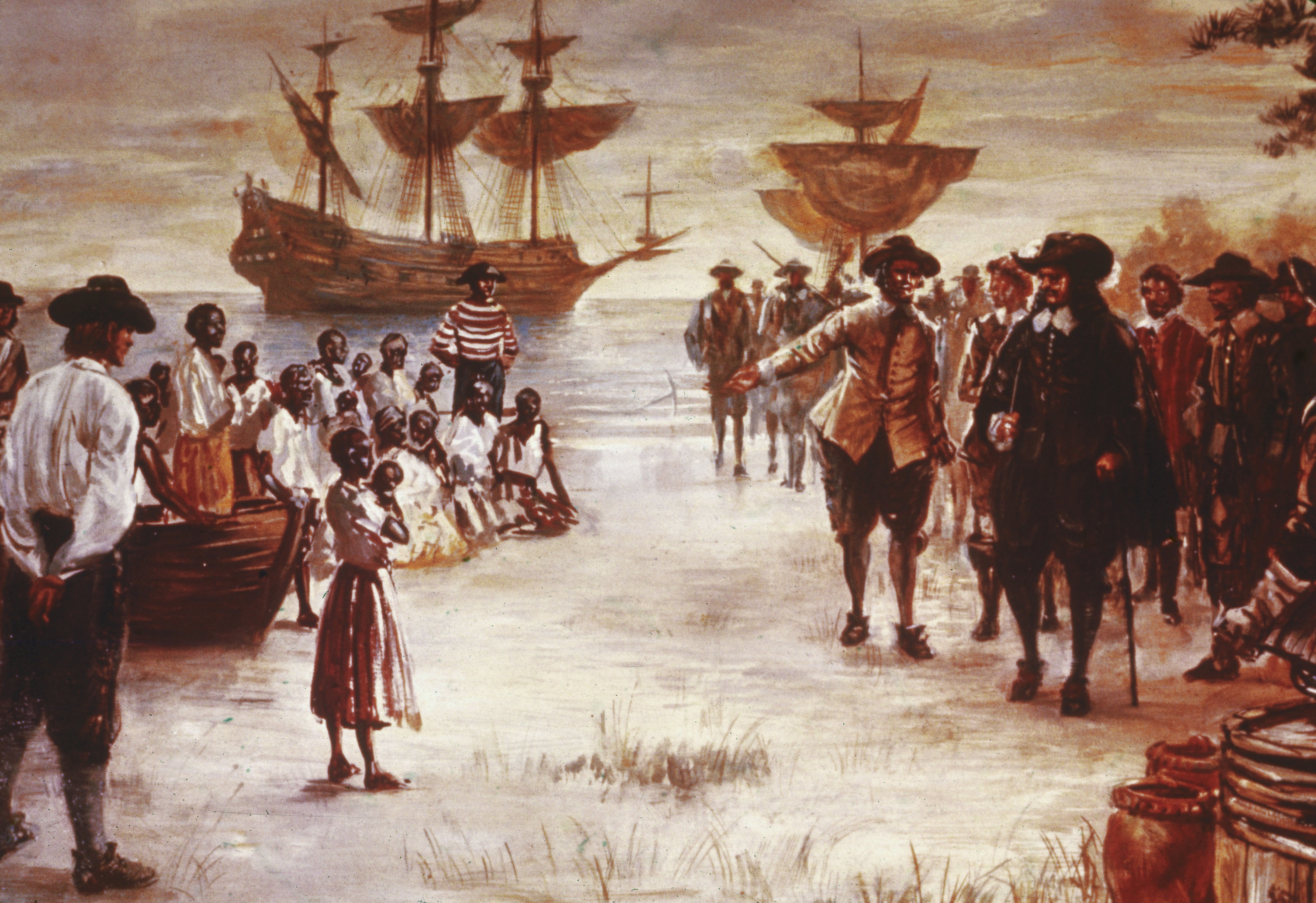 Engraving shows the arrival of a Dutch slave ship with a group of African slaves for sale, Jamestown, Virginia, 1619.