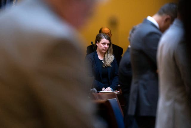 <p>Nicole Schmidt, mother of Gabby Petito, stands on the Utah Senate floor during a moment of silence dedicated to Petito, Amanda Mayne and other victims of domestic violence at the Capitol in Salt Lake City on Monday, 30 January 2023</p>