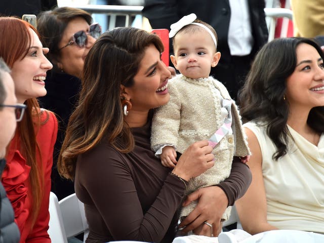 <p>Sophie Turner, from left, Priyanka Chopra and her daughter Malti Marie Chopra Jonas attend a ceremony honoring The Jonas Brothers with a star on The Hollywood Walk of Fame</p>