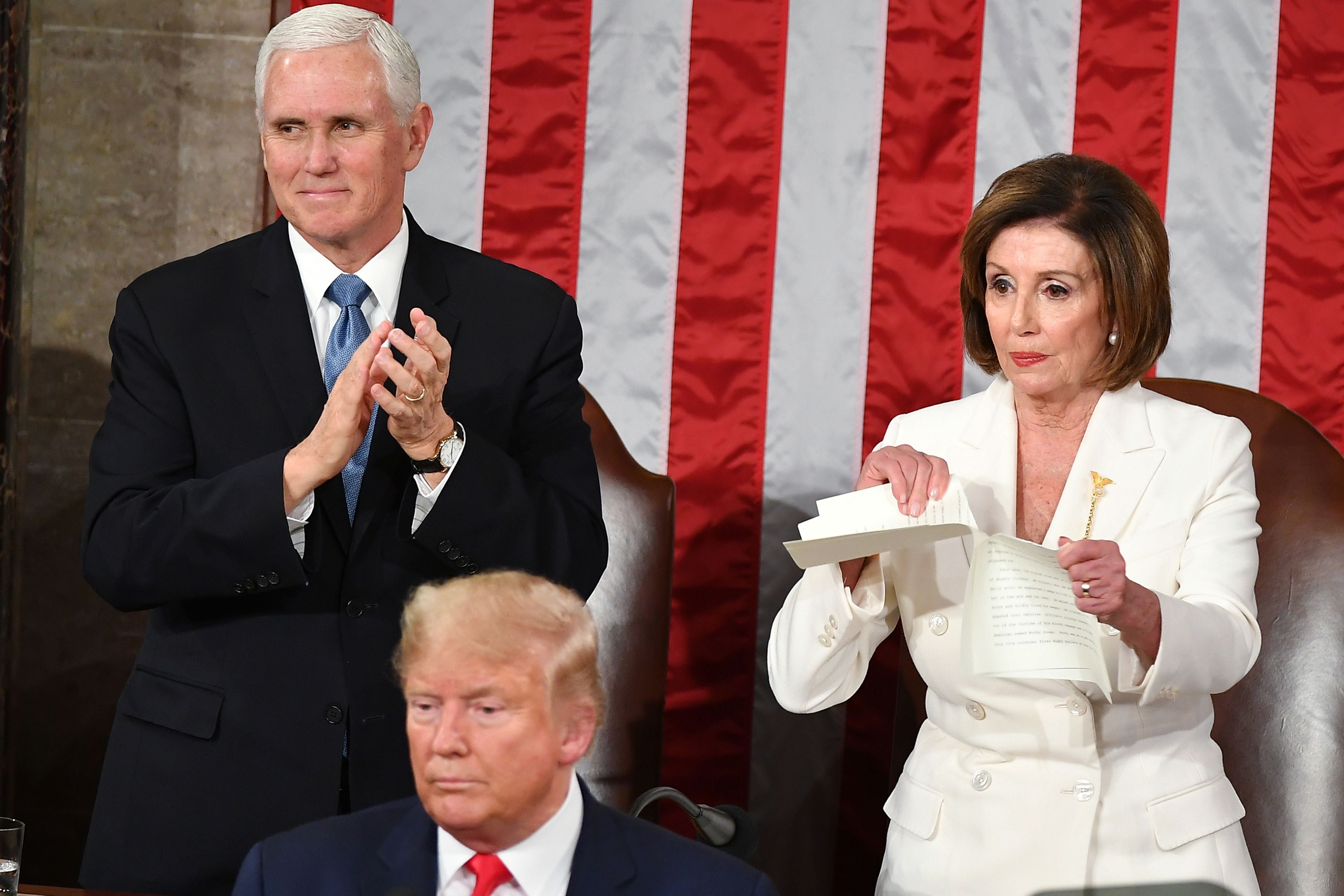 Speaker of the US House of Representatives Nancy Pelosi rips a copy of US President Donald Trumps speech after he delivered the State of the Union address at the US Capitol in Washington, DC, on February 4, 2020